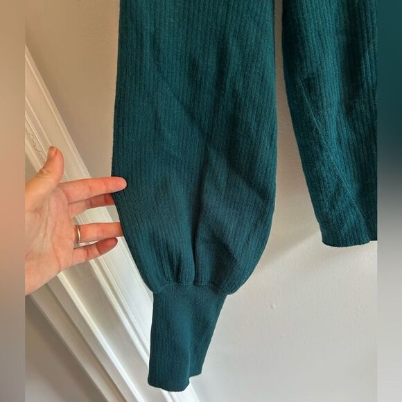 Anthropologie NWOT Mock Neck Bell Sleeve Teal Ribbed Knit Sweater - Picture 2 of 5